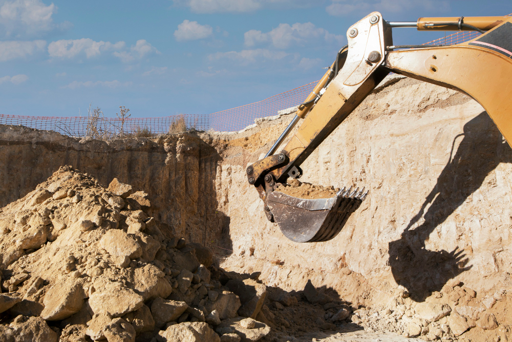Excavator bucket scooping dirt at a construction site with a large soil pile and blue sky above.