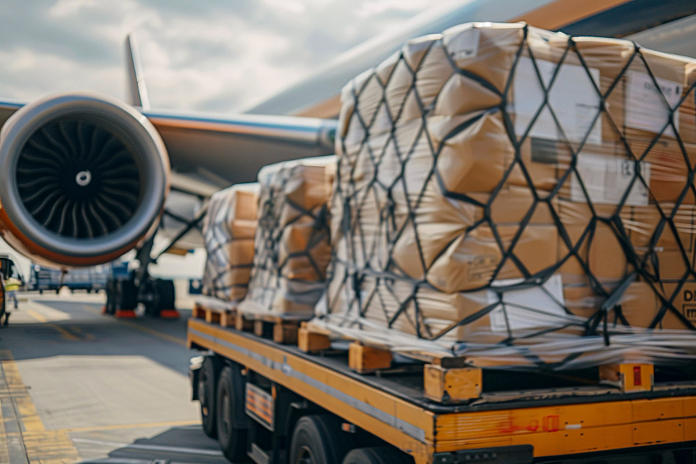 772009 - IAS Handling | Realidad Económica Freight pallets secured with nets on a yellow flatbed trailer beside a cargo plane engine on the tarmac. The plane is ready for air shipment and unloading.