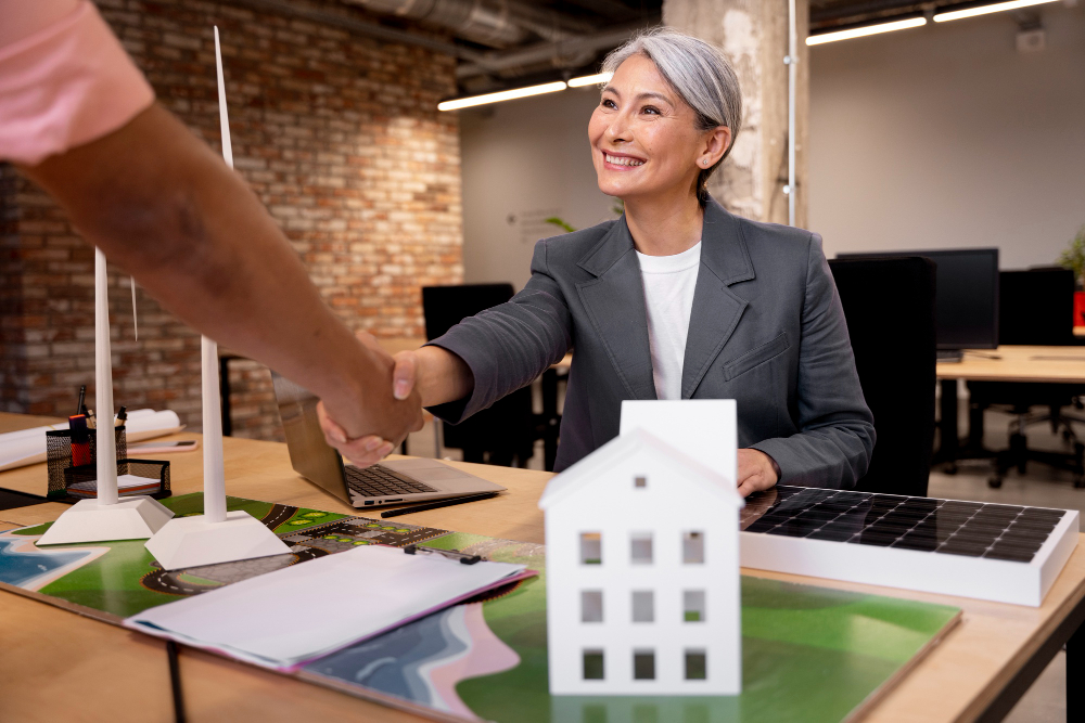 772404 - Gestin | Realidad Económica Smiling woman in a blazer shakes hands with a colleague across a desk, with a small white house model and solar panel on the table.