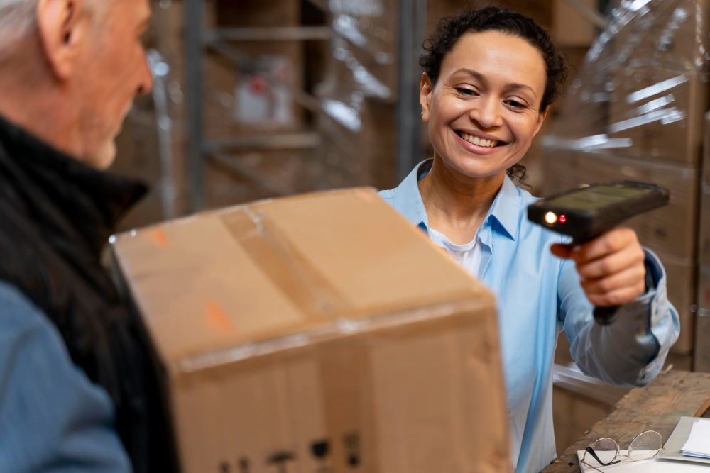 772933 - Miton | Realidad Económica Warehouse worker smiles while scanning a cardboard box with a handheld barcode scanner in a storage area.