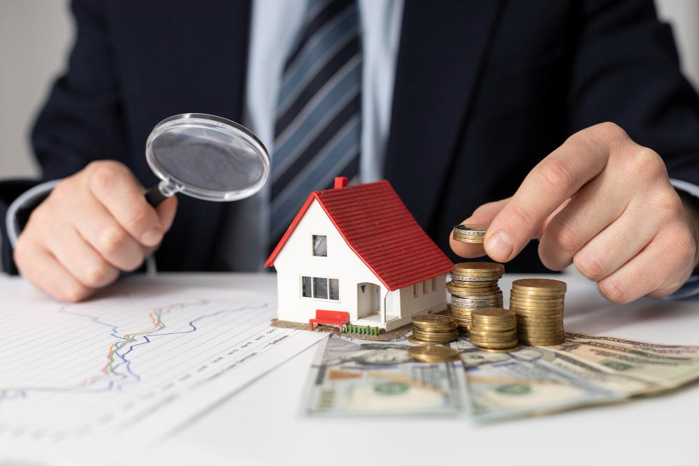 773728 - DJ Real Estate Solutions | Realidad Económica Real estate investment scene: miniature house, coin stacks, and cash examined with a magnifying glass by a suited man.