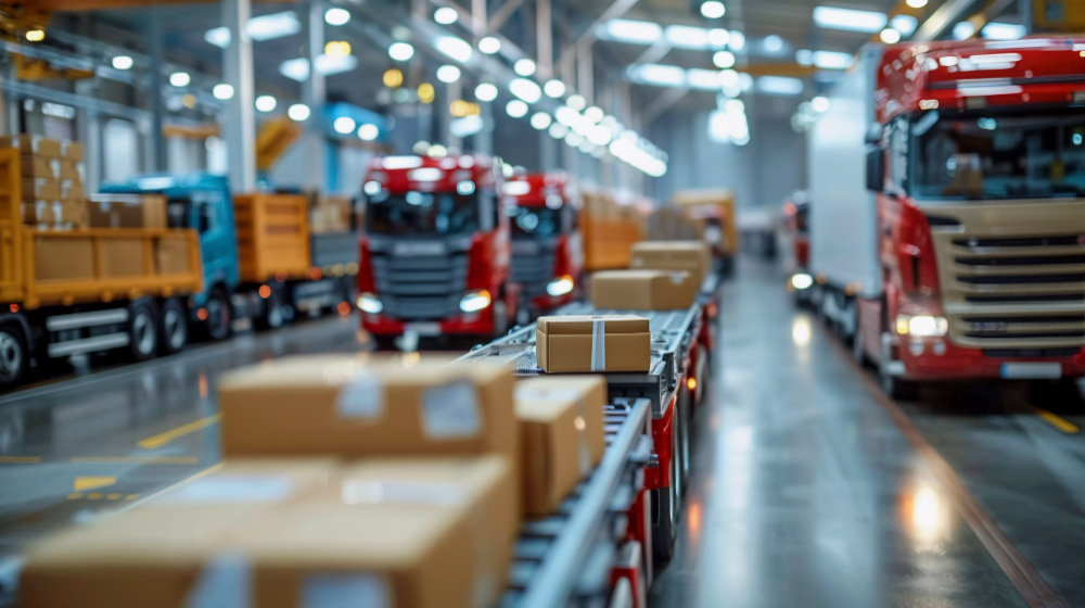 775063 - Global 5 | Realidad Económica Busy logistics warehouse with red delivery trucks and a conveyor belt carrying cardboard boxes toward loading bays.