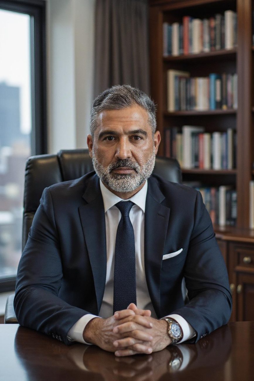 José Gordo - IP | Realidad Económica Professional portrait of a man in a navy suit and tie, seated at a polished desk in an office with a bookshelf in the background, hands clasped on the desk.