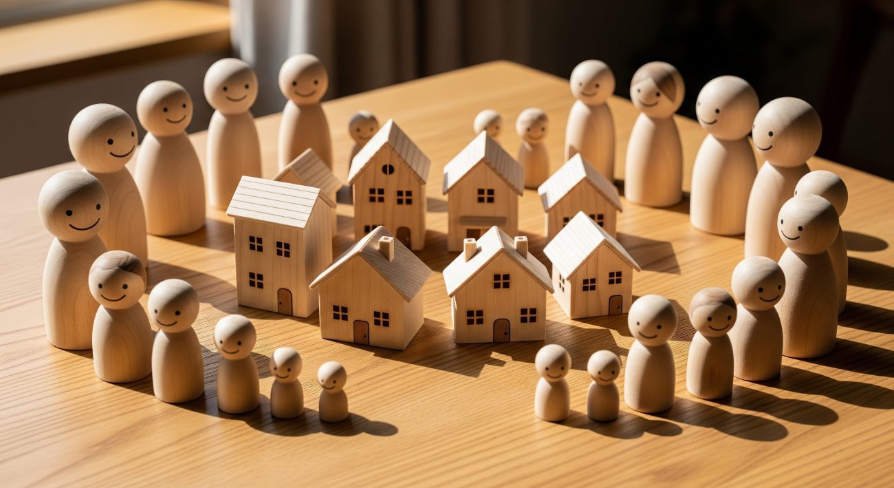 780742 Plataforma Hereditaria | Realidad Económica Wooden figurines arranged in a circle around a cluster of small wooden houses, symbolizing community.