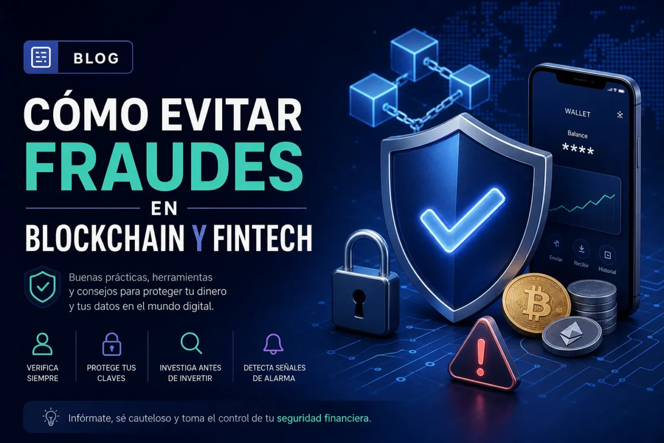 como-evitar-fraudes-en-Blockchain-y-fintech | Realidad Económica Guía visual sobre cómo evitar fraudes en blockchain y fintech, con escudo azul y dispositivos de pago y criptomonedas.