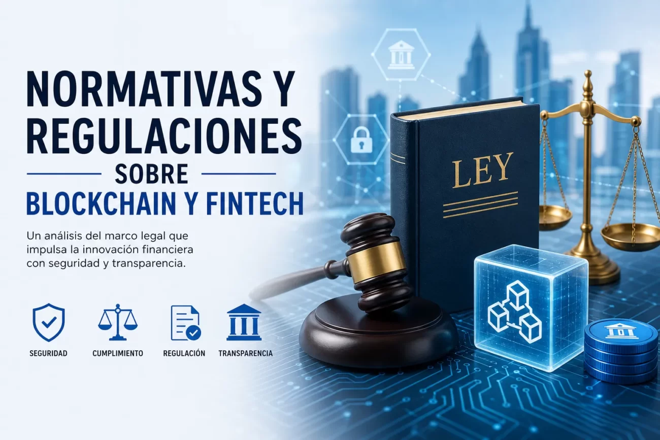 normativas-y-regulaciones-sobre-Blockchain-y-fintech | Realidad Económica Portada informativa sobre normativas y regulaciones de blockchain y fintech, con un libro de leyes, un mazo y la balanza de la justicia al fondo.