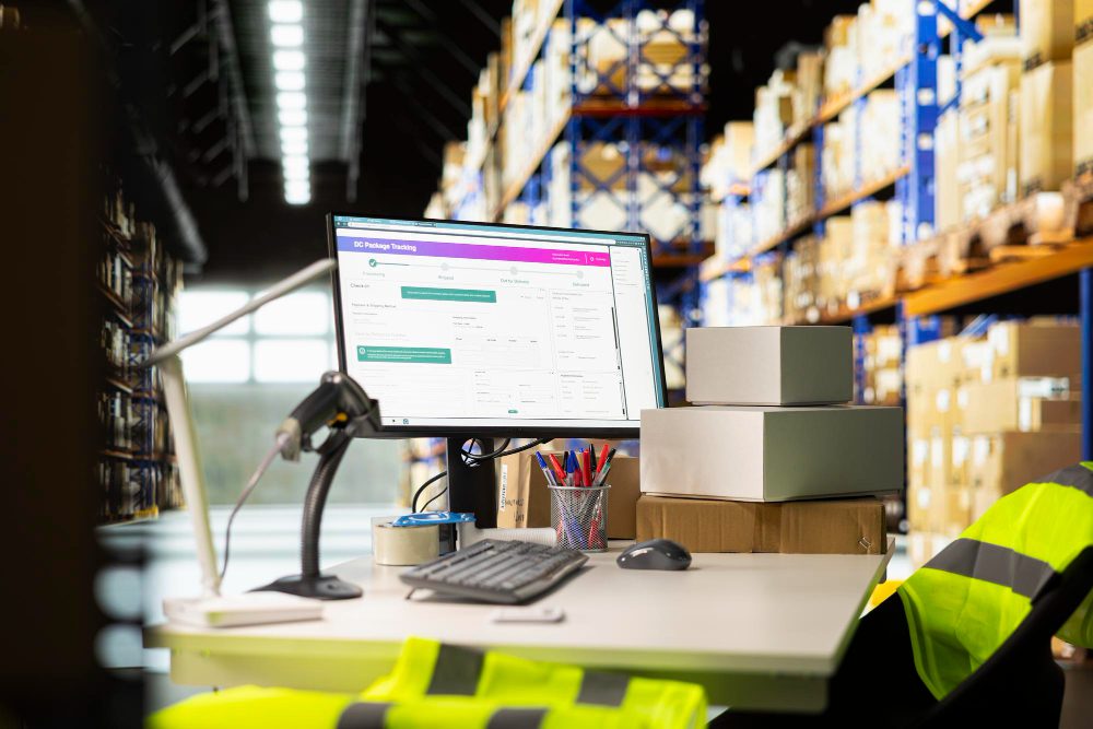 784092 - ZintronBox | Realidad Económica Desk in a warehouse with a computer monitor showing picking-tracking software, keyboard, and office supplies; high-visibility vest on chair nearby.
